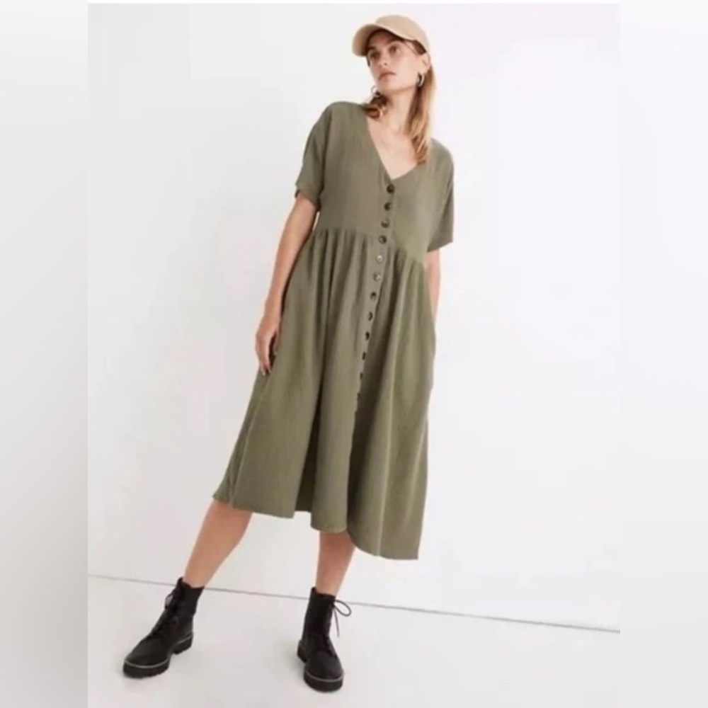Madewell Olive Button-Front V-Neck Midi Dress